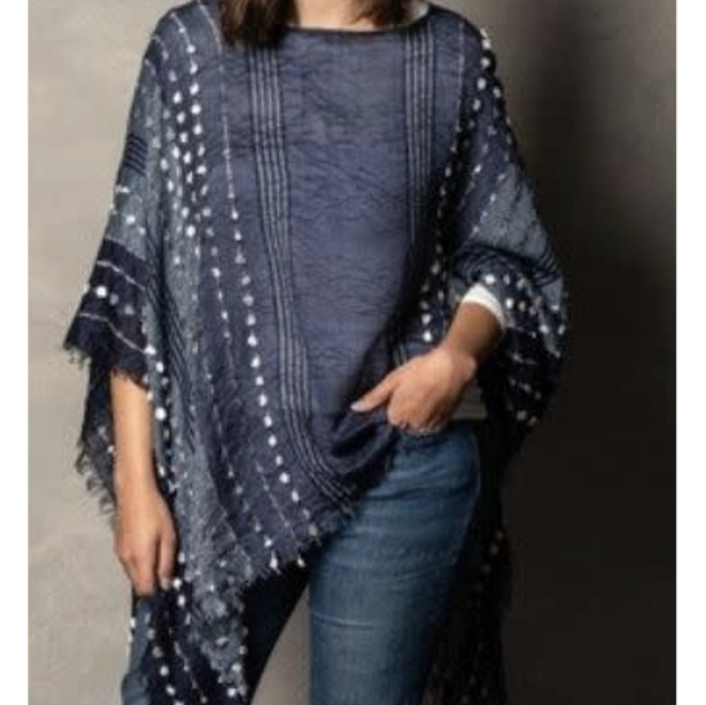 Demdaco Blue and White Striped Poncho O/S